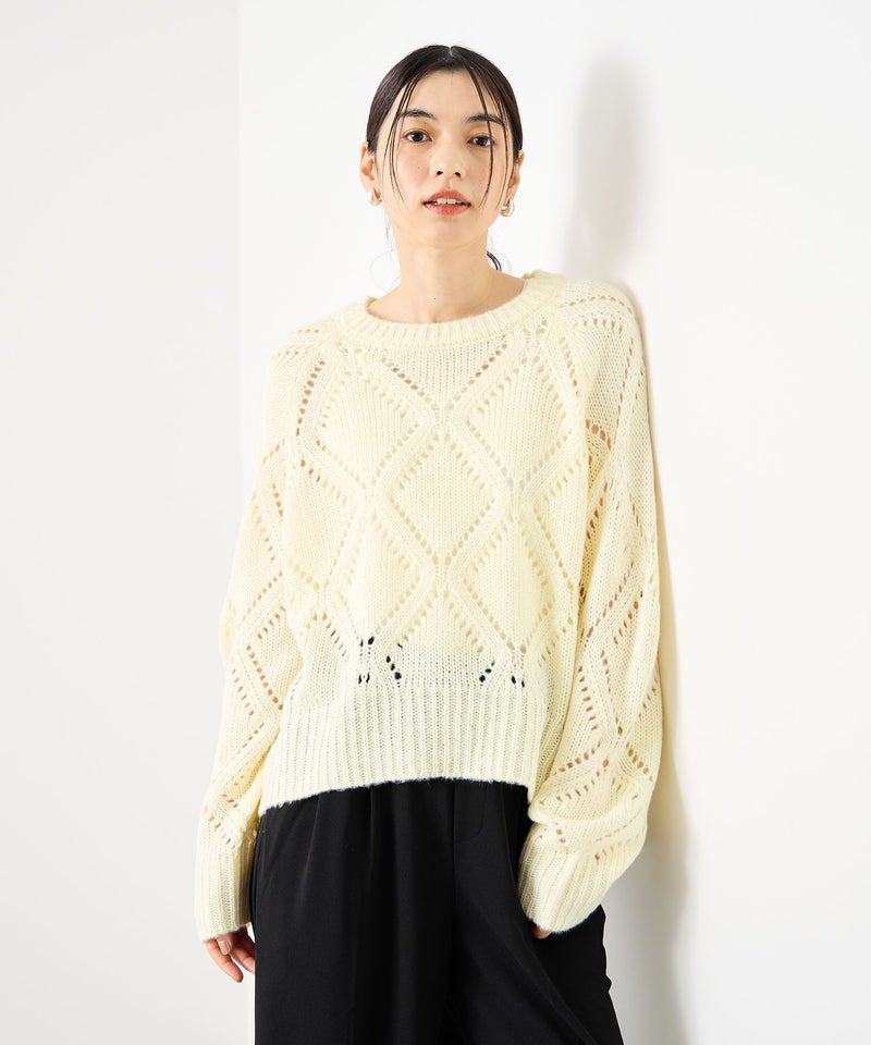 Idnes ダイヤ柄透かし編みニットプルオーバー レディース商品画像-3