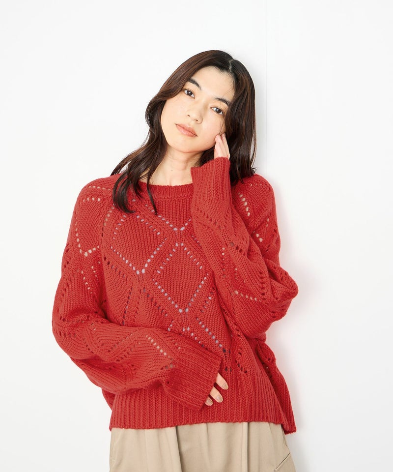 [期間限定knit]Idnes  ダイヤ柄透かし編みニットプルオーバー レディース商品画像-4