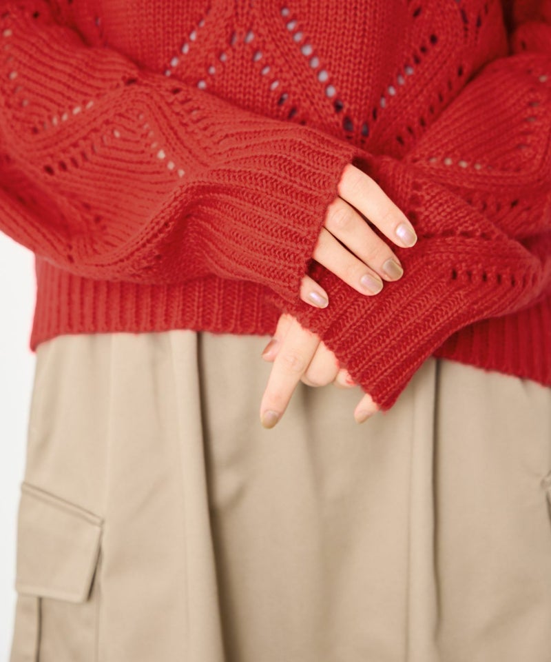 [期間限定knit]Idnes  ダイヤ柄透かし編みニットプルオーバー レディース商品画像-7