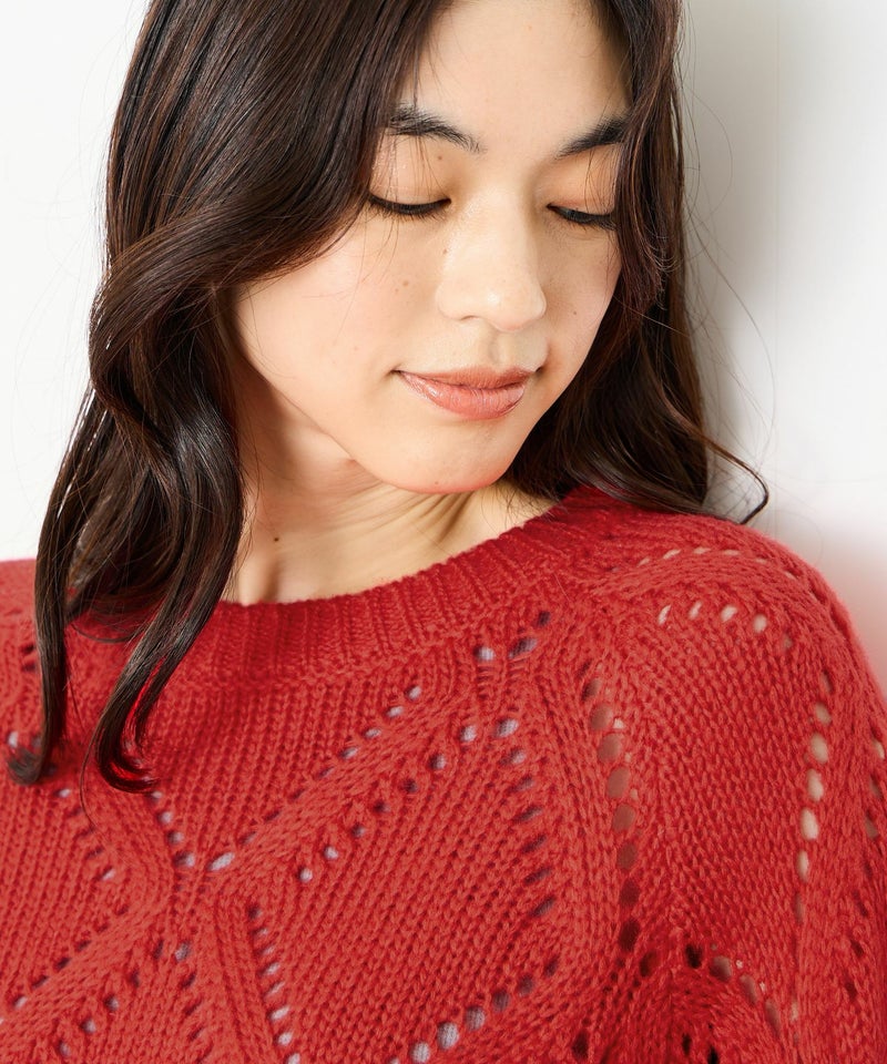 [期間限定knit]Idnes  ダイヤ柄透かし編みニットプルオーバー レディース商品画像-8