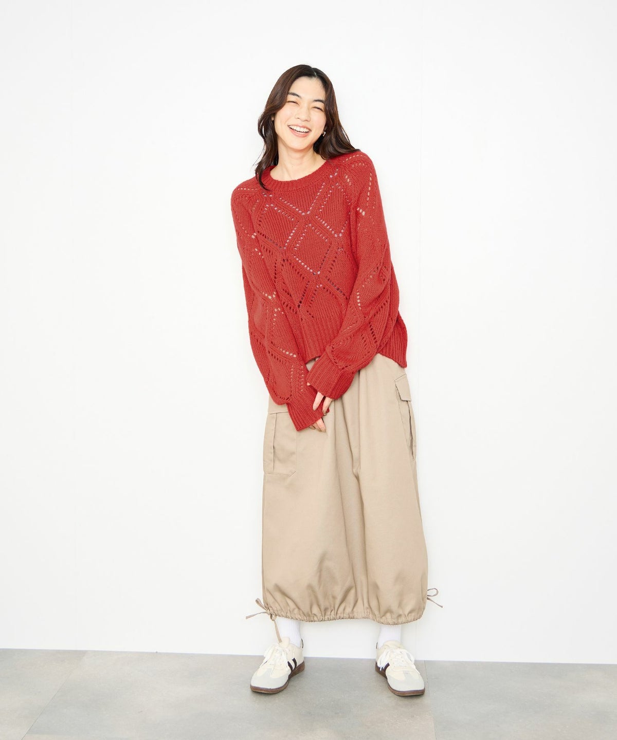 Idnes ダイヤ柄透かし編みニットプルオーバー レディース