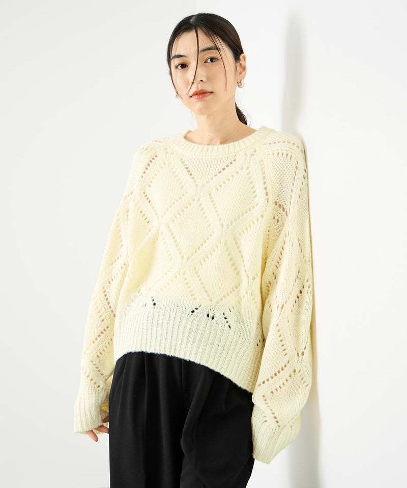 [期間限定knit]Idnes  ダイヤ柄透かし編みニットプルオーバー レディース商品画像-11