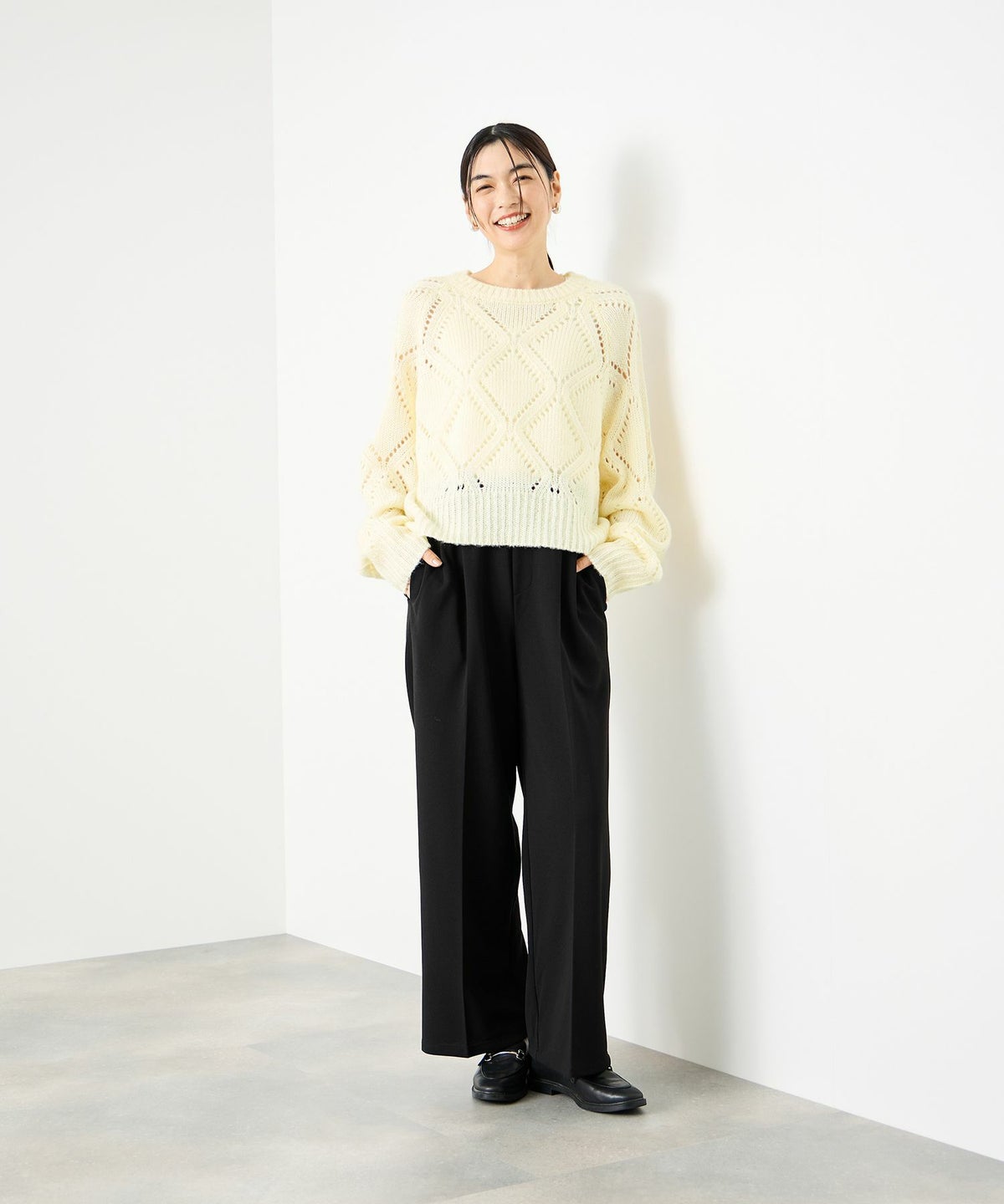 Idnes ダイヤ柄透かし編みニットプルオーバー レディース