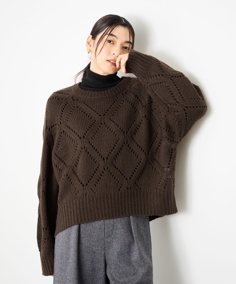Idnes ダイヤ柄透かし編みニットプルオーバー レディース商品画像-15