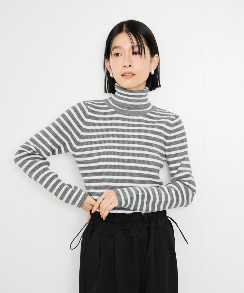 [期間限定knit]Idnes  ボーダーリブタートルネックニット レディース商品画像-1