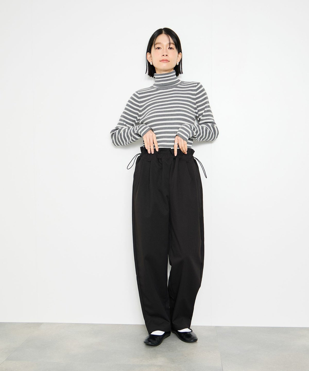 Idnes ボーダーリブタートルネックニット レディース