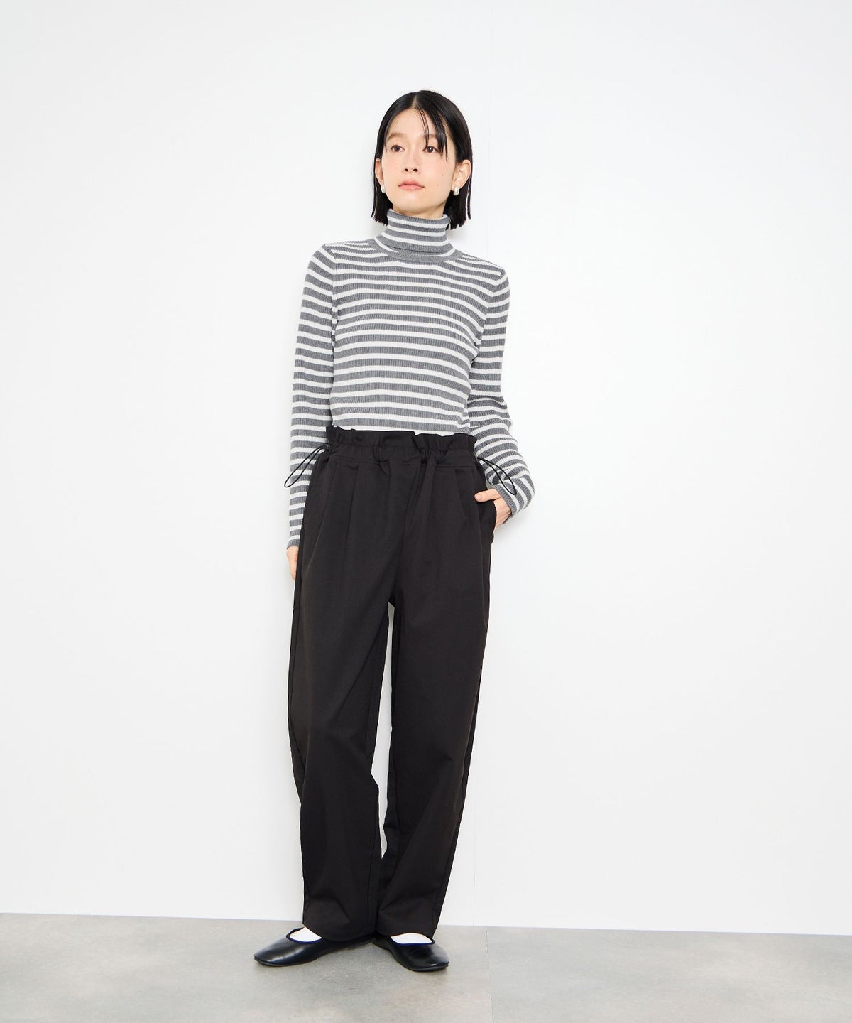 Idnes ボーダーリブタートルネックニット レディース