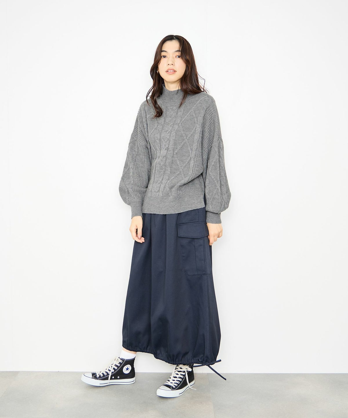 Idnes ケーブルハイネックニット レディース