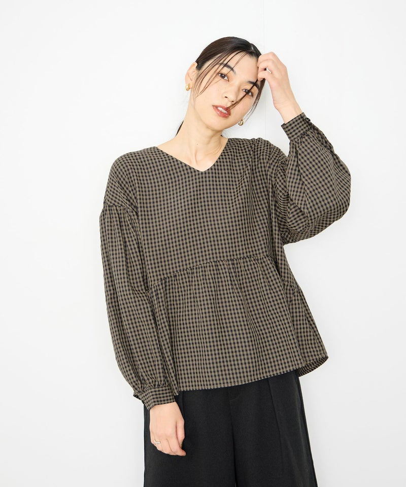 Idnes  ペプラムギンガムチェックブラウス レディース商品画像-3