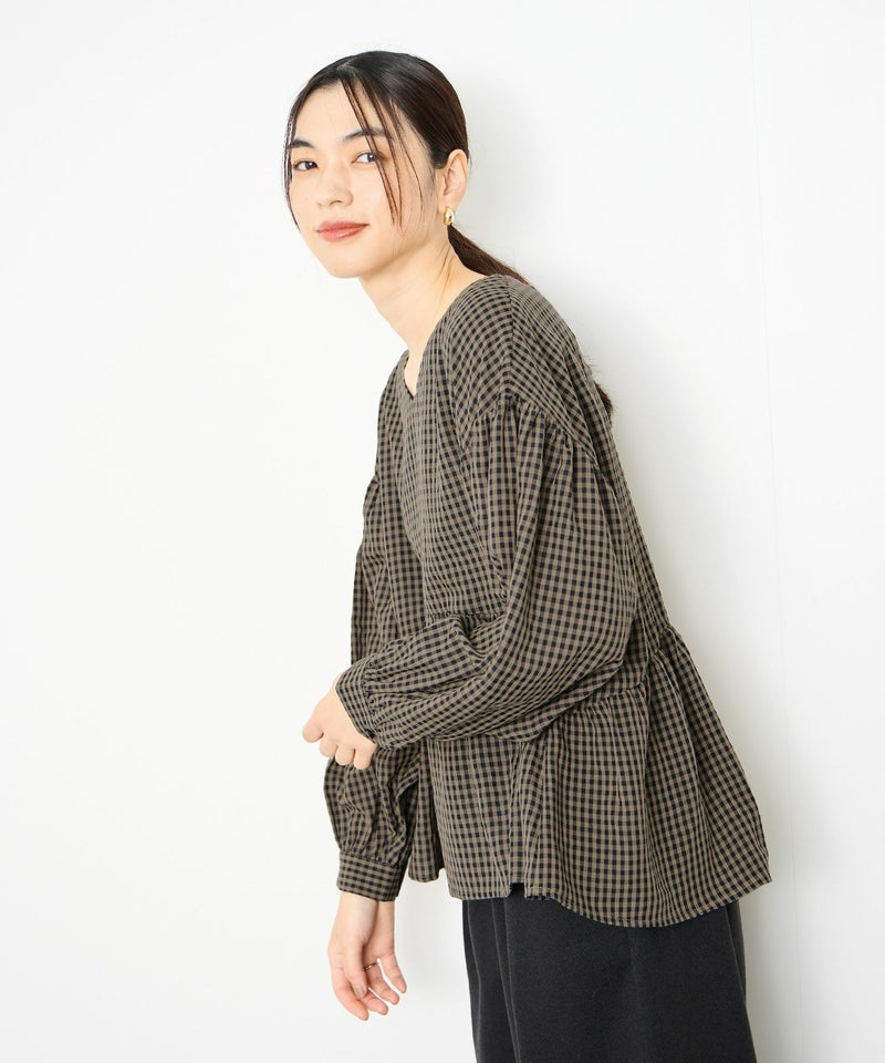 Idnes  ペプラムギンガムチェックブラウス レディース商品画像-4