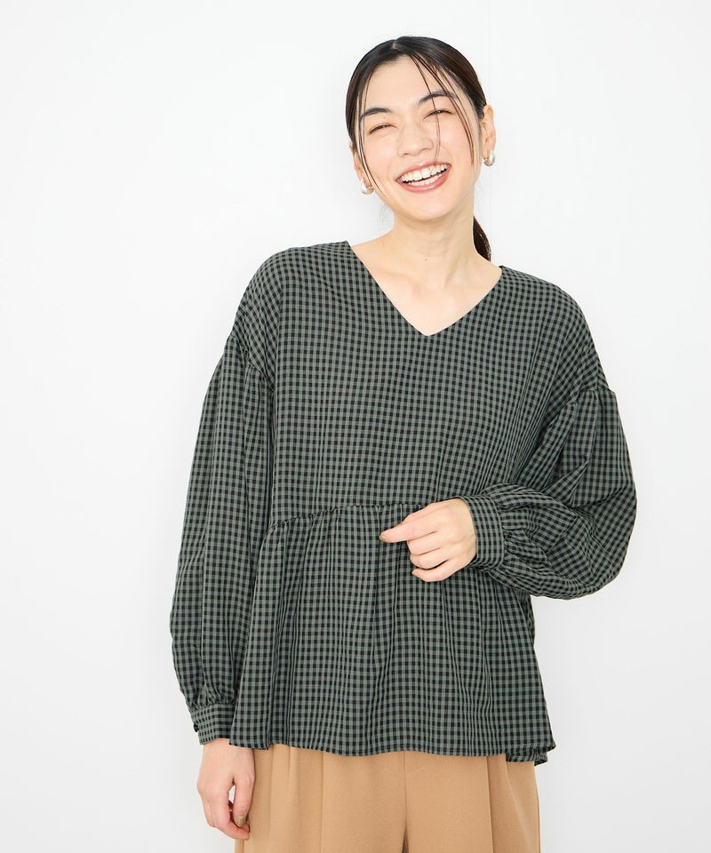 Idnes ペプラムギンガムチェックブラウス レディース商品画像-8