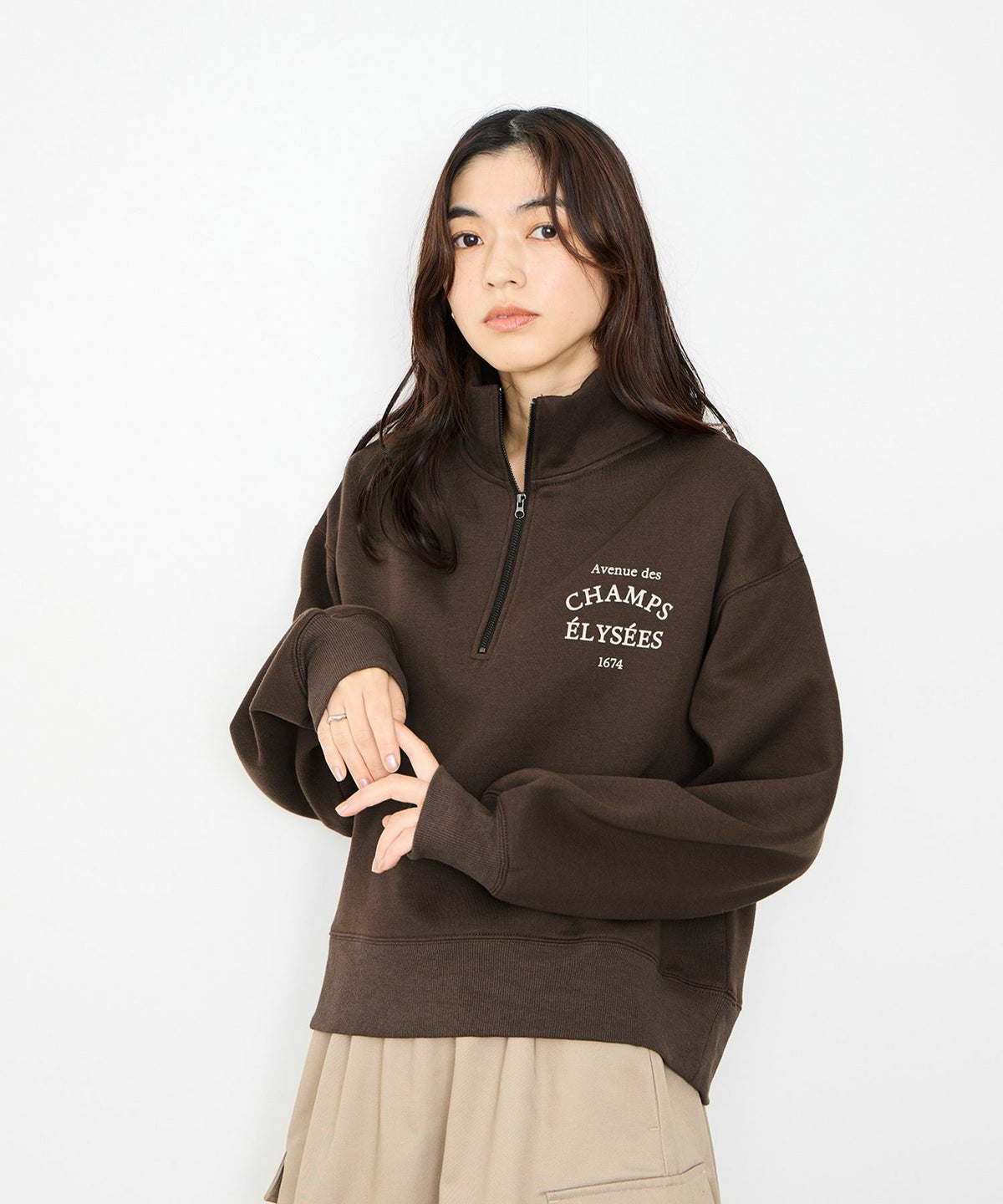  Idnes 裏起毛ロゴハーフジッププルオーバー レディース