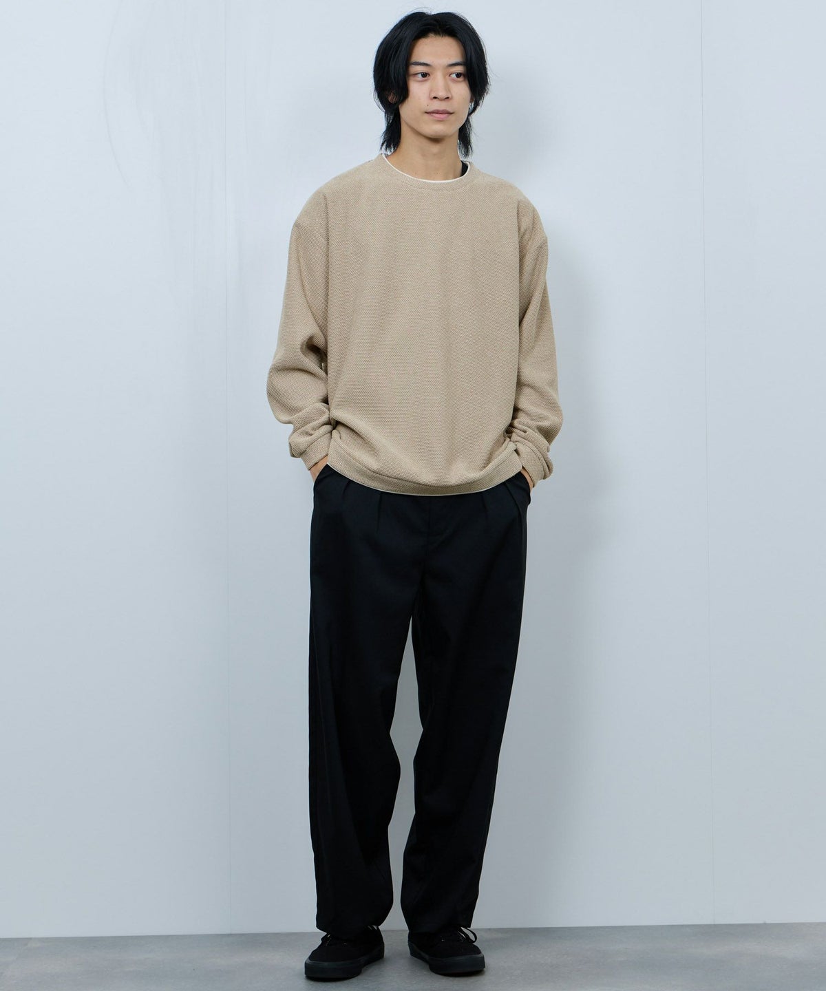 NAVY ハニカム裏起毛フェイククルーネックトレーナー メンズ