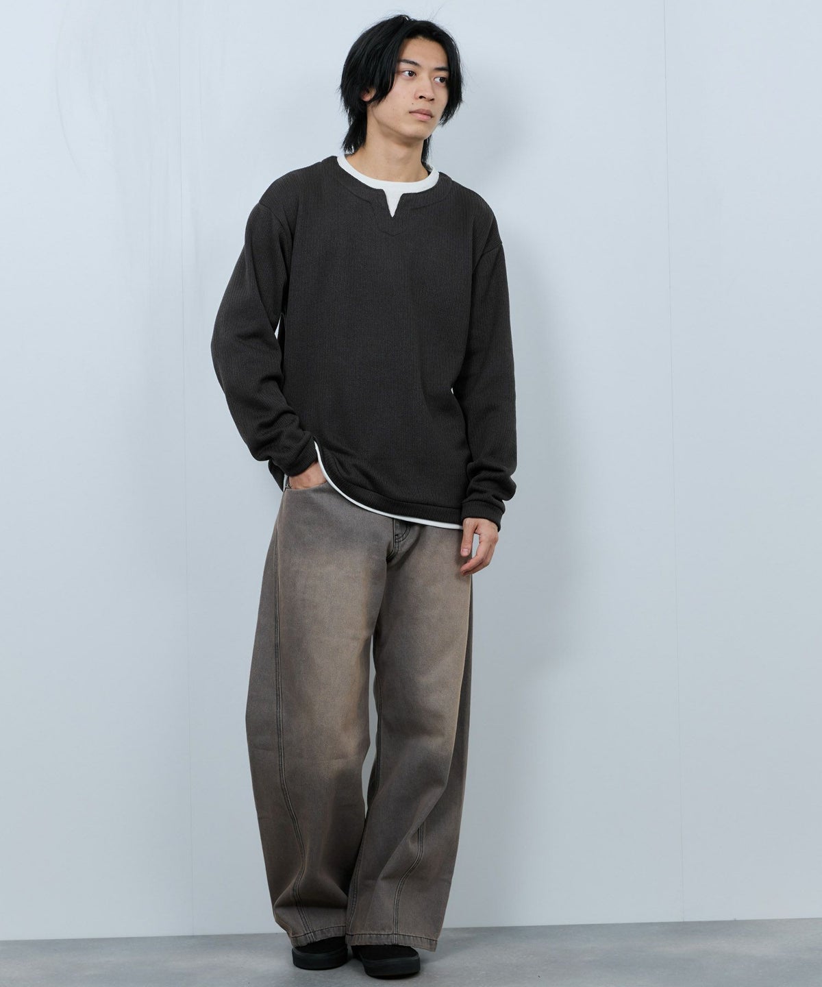 NAVY 針抜き裏起毛フェイクキーネックトレーナー メンズ