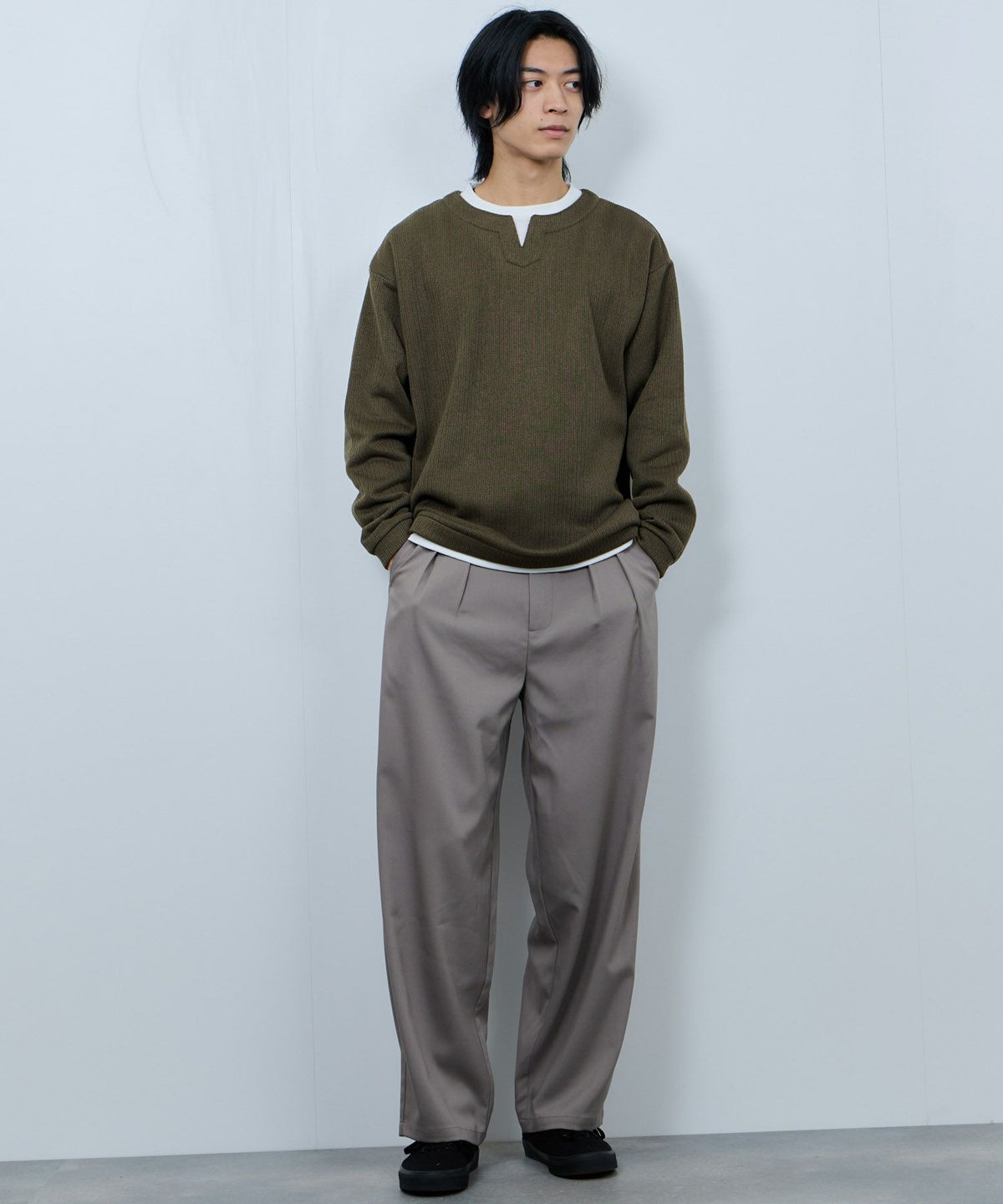 NAVY 針抜き裏起毛フェイクキーネックトレーナー メンズ