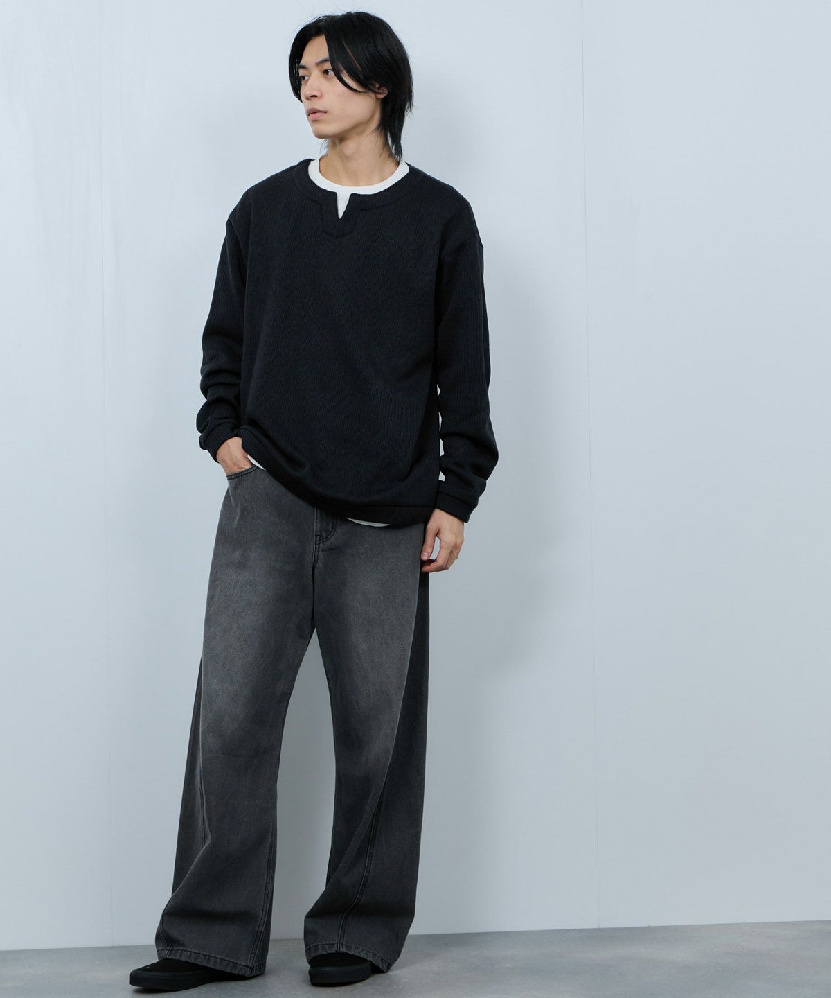 NAVY 針抜き裏起毛フェイクキーネックトレーナー メンズ