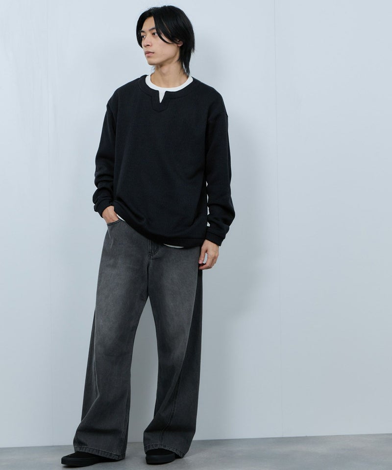 NAVY  針抜き裏起毛フェイクキーネックトレーナー メンズ商品画像-15