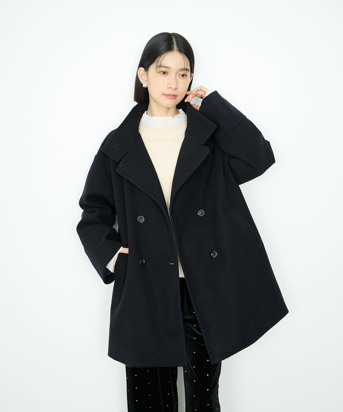 Idnes スタンドカラーミドルコート レディース