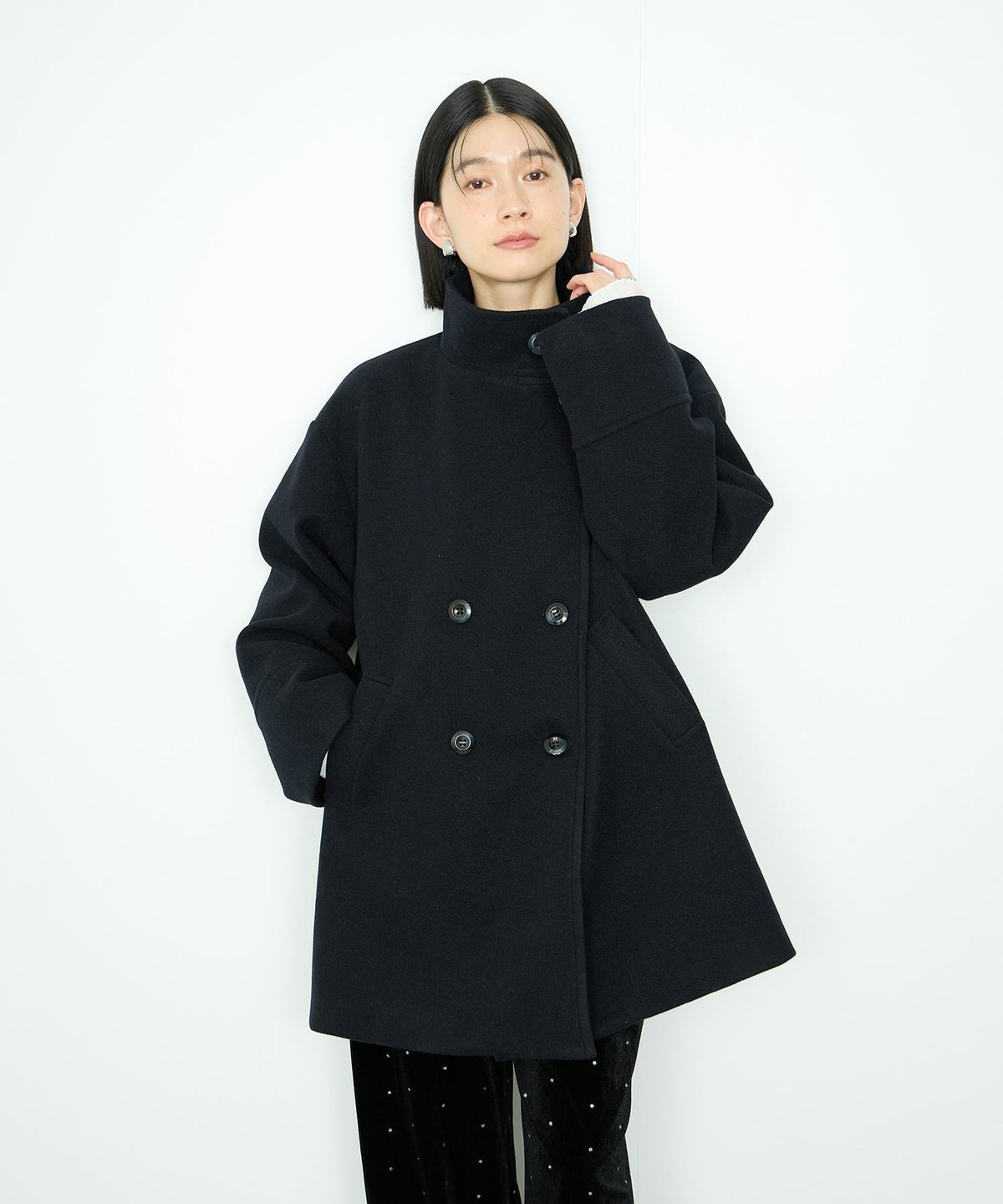 Idnes スタンドカラーミドルコート レディース