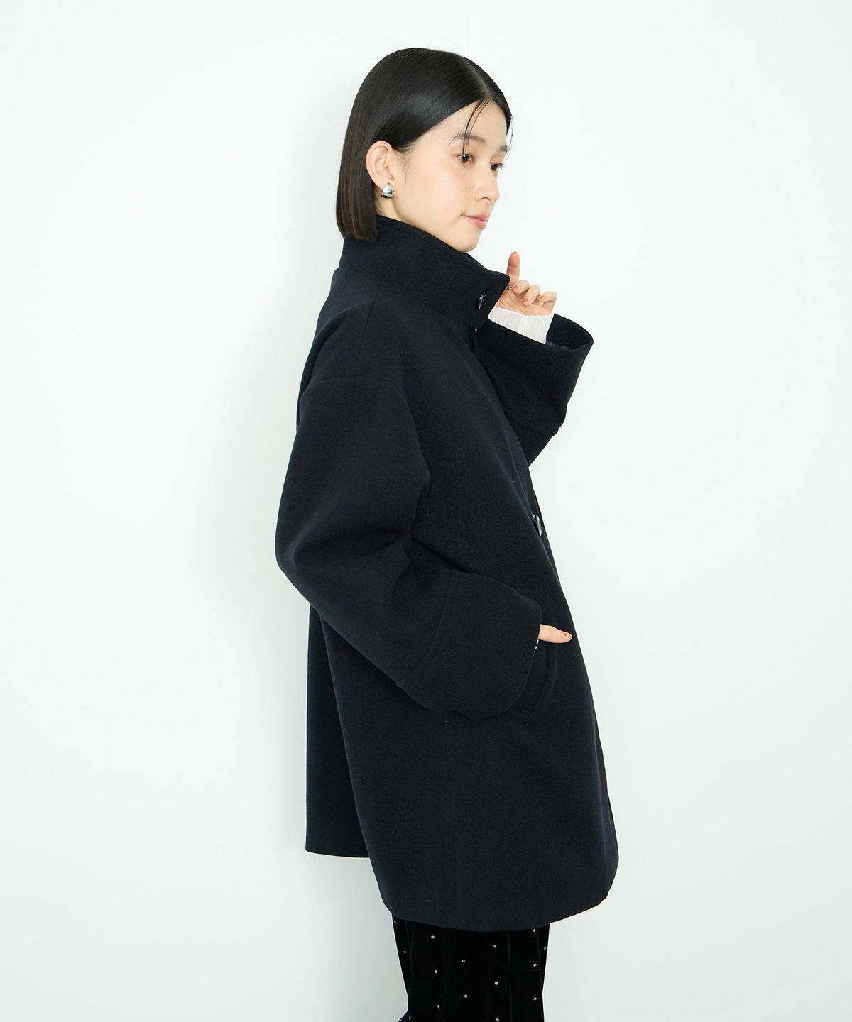 Idnes スタンドカラーミドルコート レディース