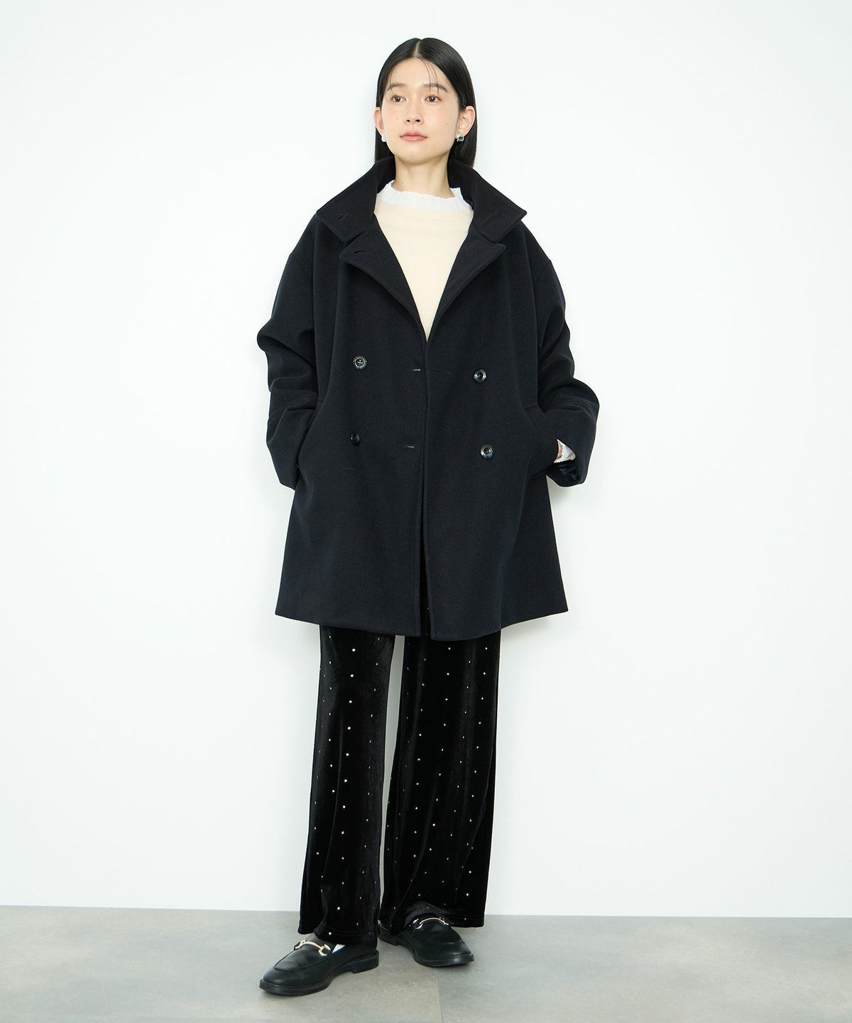 Idnes スタンドカラーミドルコート レディース