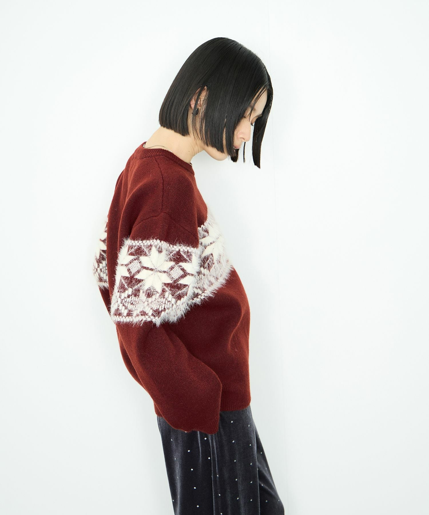 Idnes 雪柄シャギーニット レディース