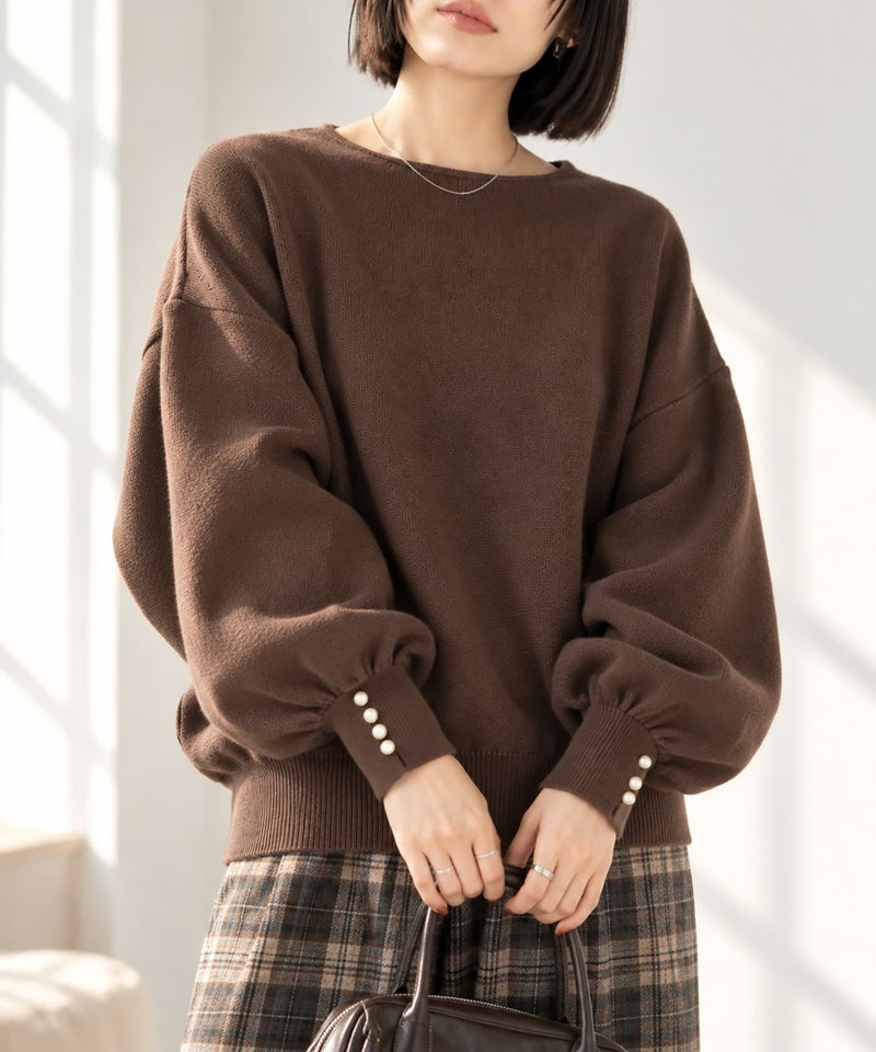 Idnes 横リブパールボタンニット レディース商品画像-1