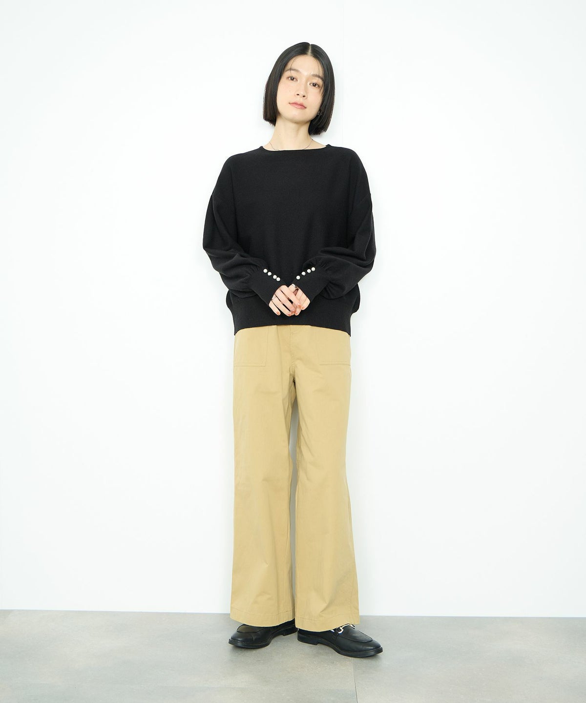 Idnes 横リブパールボタンニット レディース