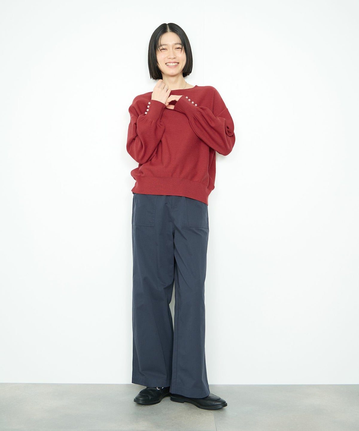 Idnes 横リブパールボタンニット レディース