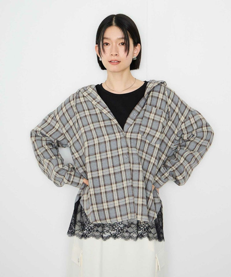 Idnes フードネルチェックシャツ レディース商品画像-1