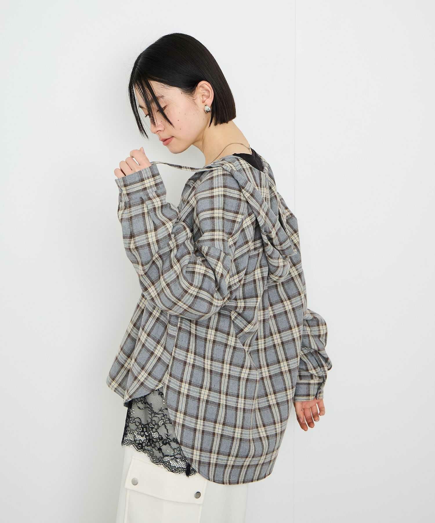 Idnes フードネルチェックシャツ レディース