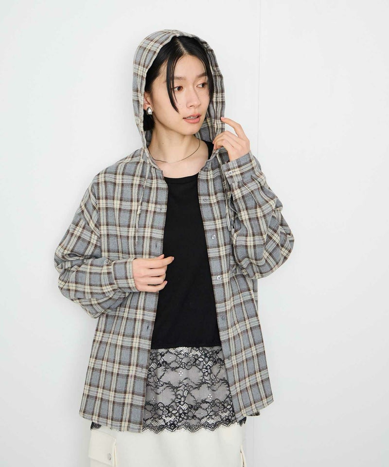 Idnes  フードネルチェックシャツ レディース商品画像-7