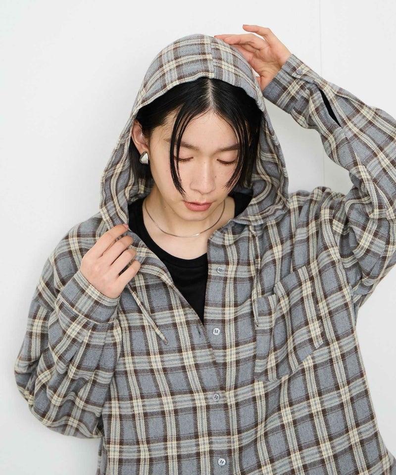 Idnes フードネルチェックシャツ レディース商品画像-8