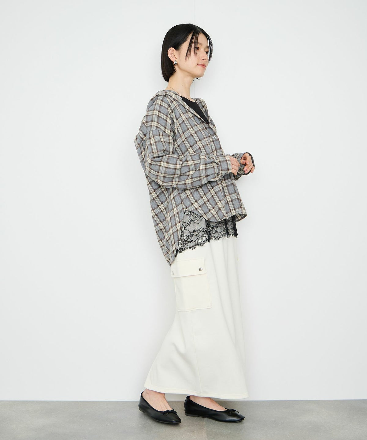 Idnes フードネルチェックシャツ レディース