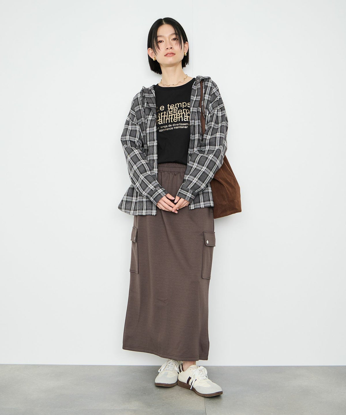 Idnes フードネルチェックシャツ レディース