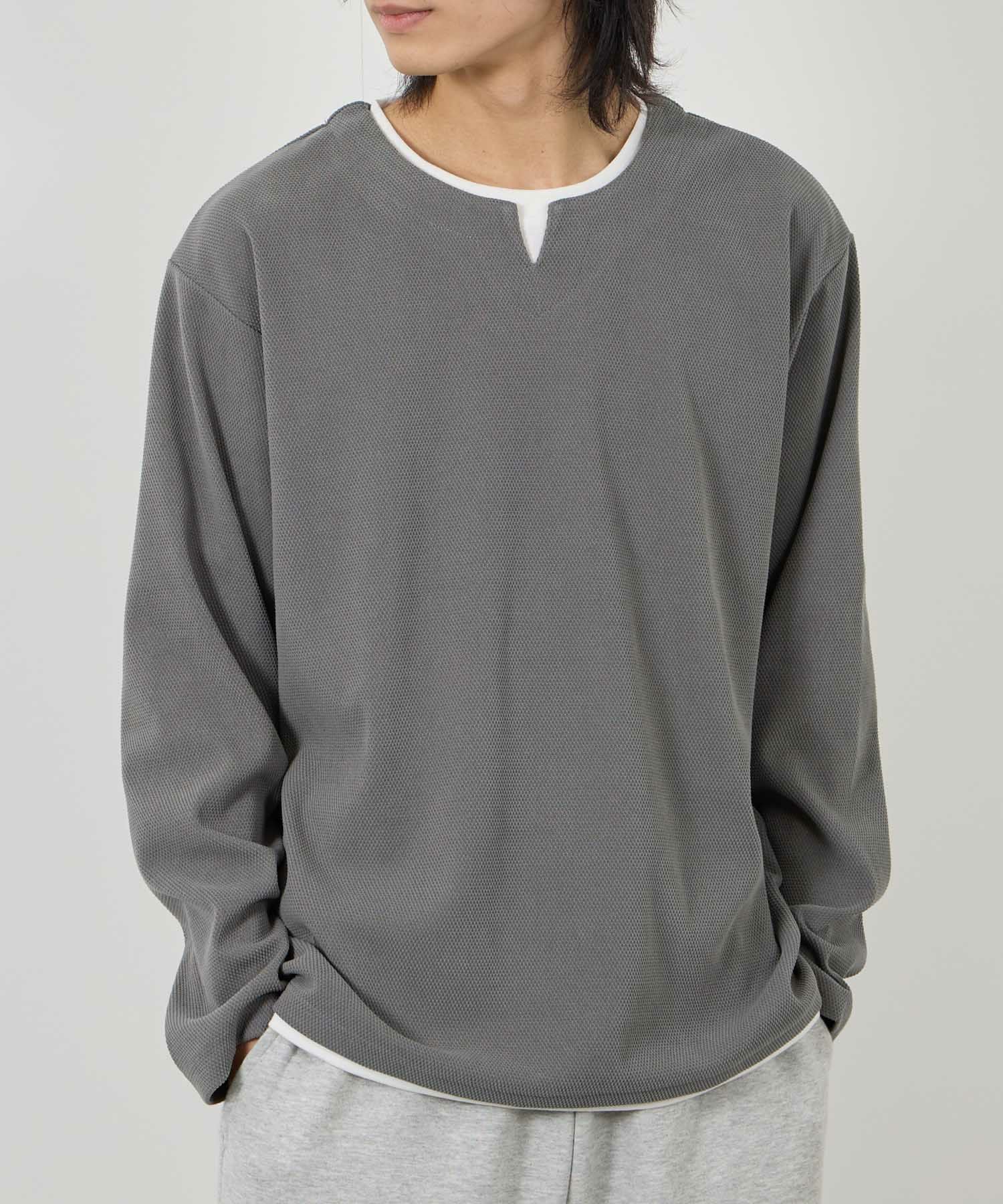 グレー Vネック シャツ 長袖　新品未使用 NAVY ピーチ鹿の子キーネックレイヤー長袖Tシャツ メンズ