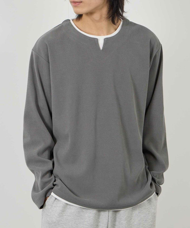 NAVY  ピーチ鹿の子キーネックレイヤー長袖Tシャツ メンズ商品画像-1