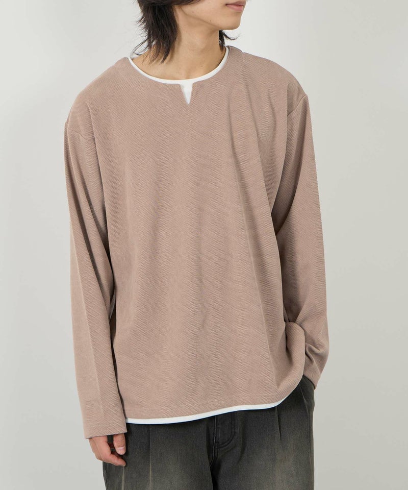 NAVY  ピーチ鹿の子キーネックレイヤー長袖Tシャツ メンズ商品画像-3