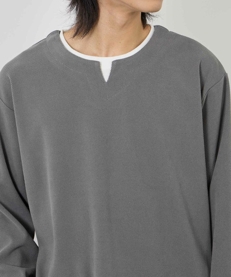 NAVY ピーチ鹿の子キーネックレイヤー長袖Tシャツ メンズ商品画像-5