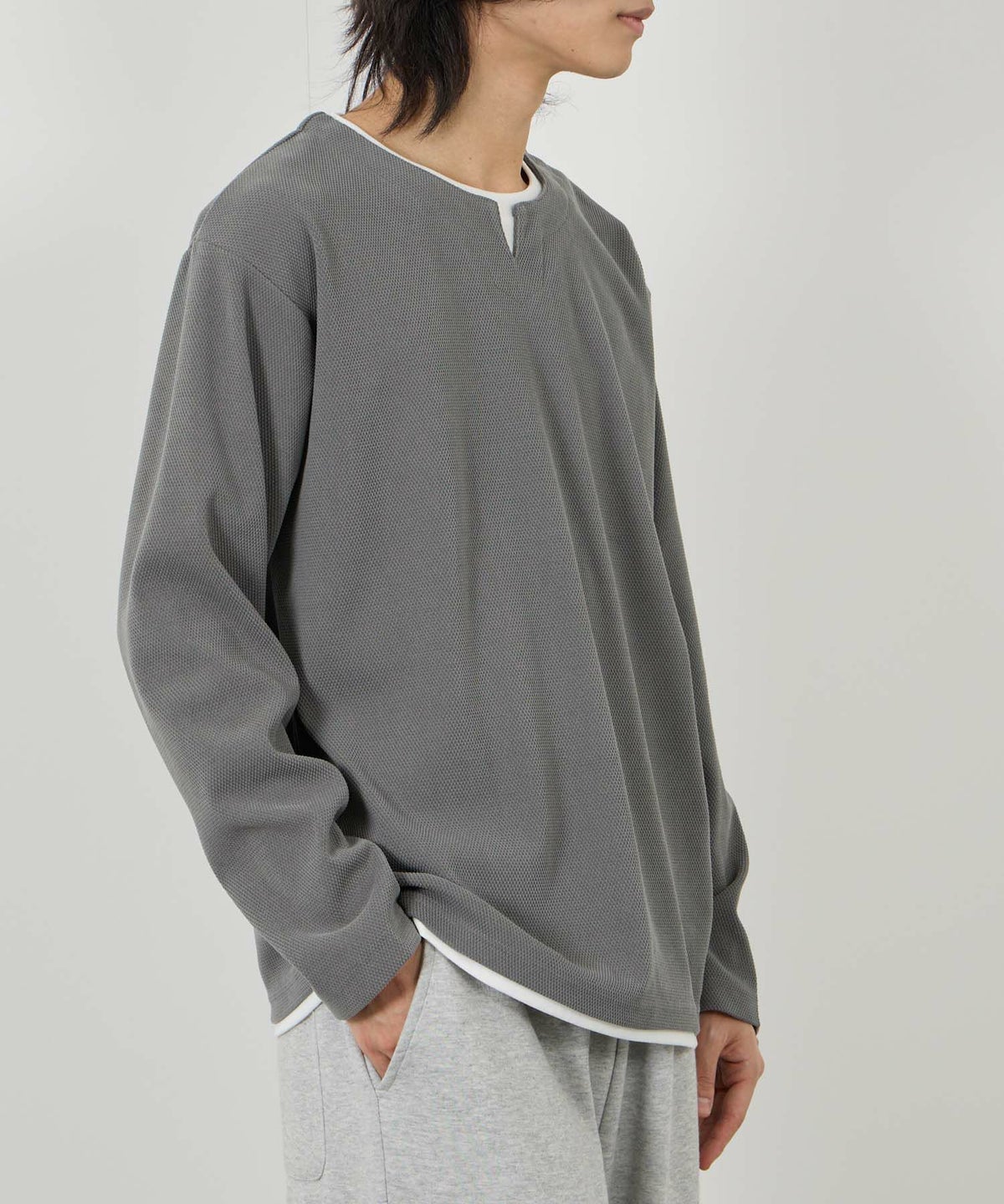 NAVY ピーチ鹿の子キーネックレイヤー長袖Tシャツ メンズ