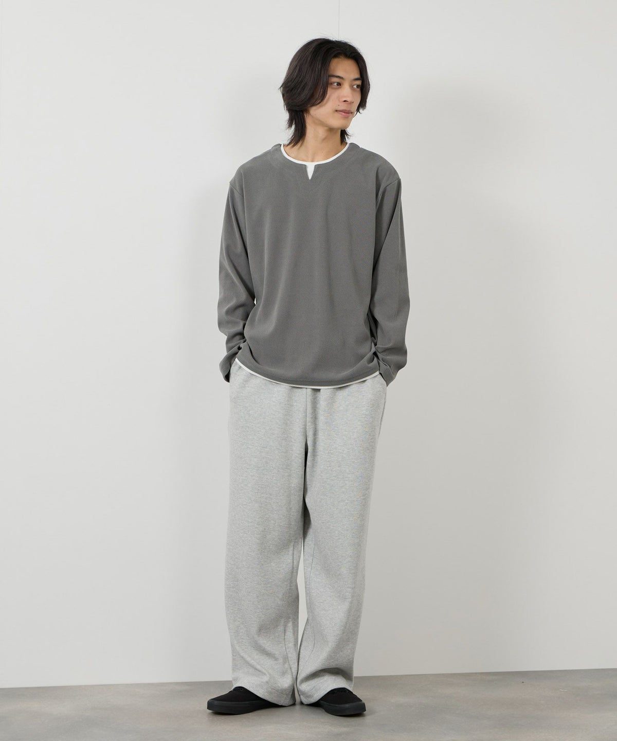 NAVY ピーチ鹿の子キーネックレイヤー長袖Tシャツ メンズ