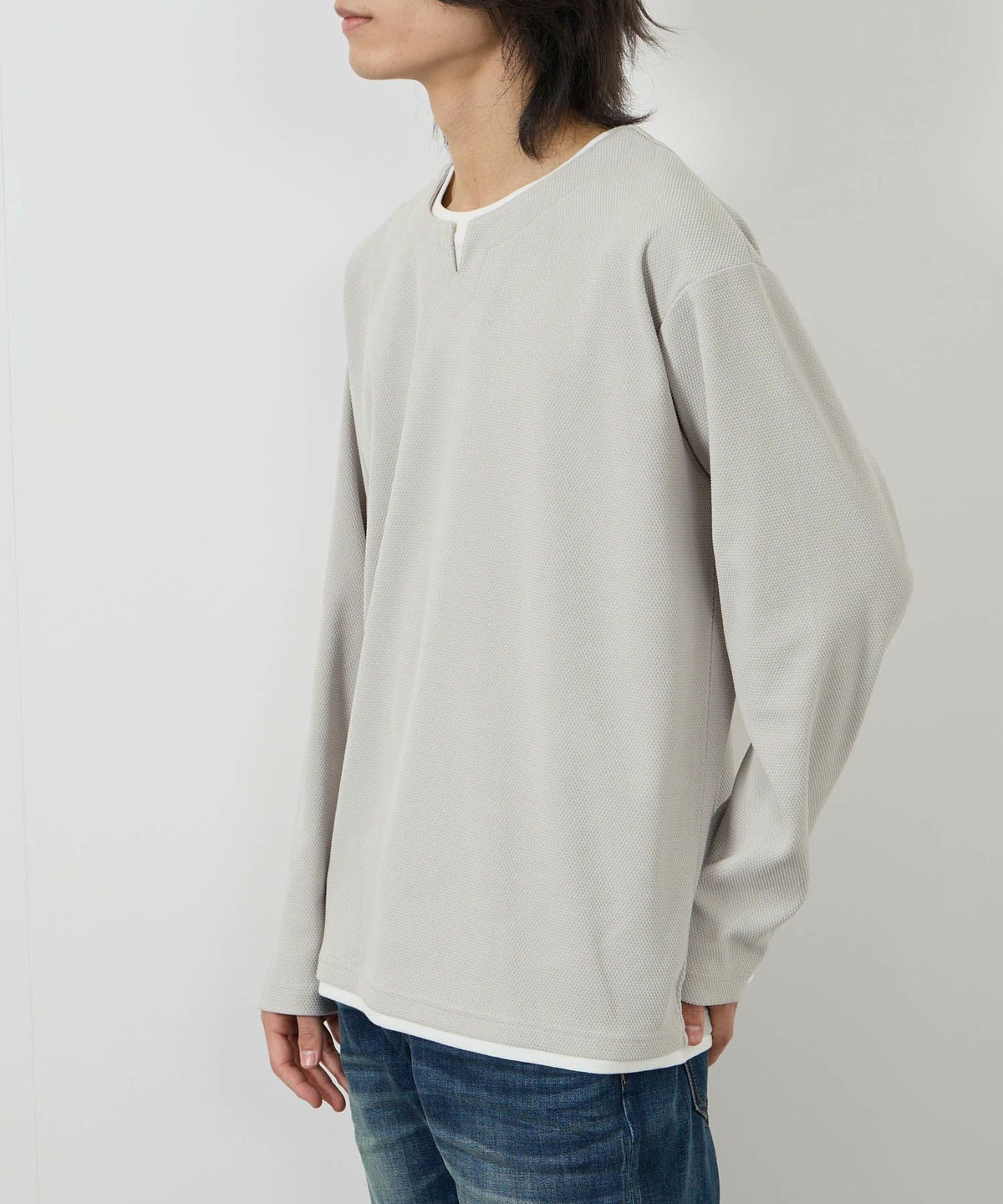 NAVY ピーチ鹿の子キーネックレイヤー長袖Tシャツ メンズ