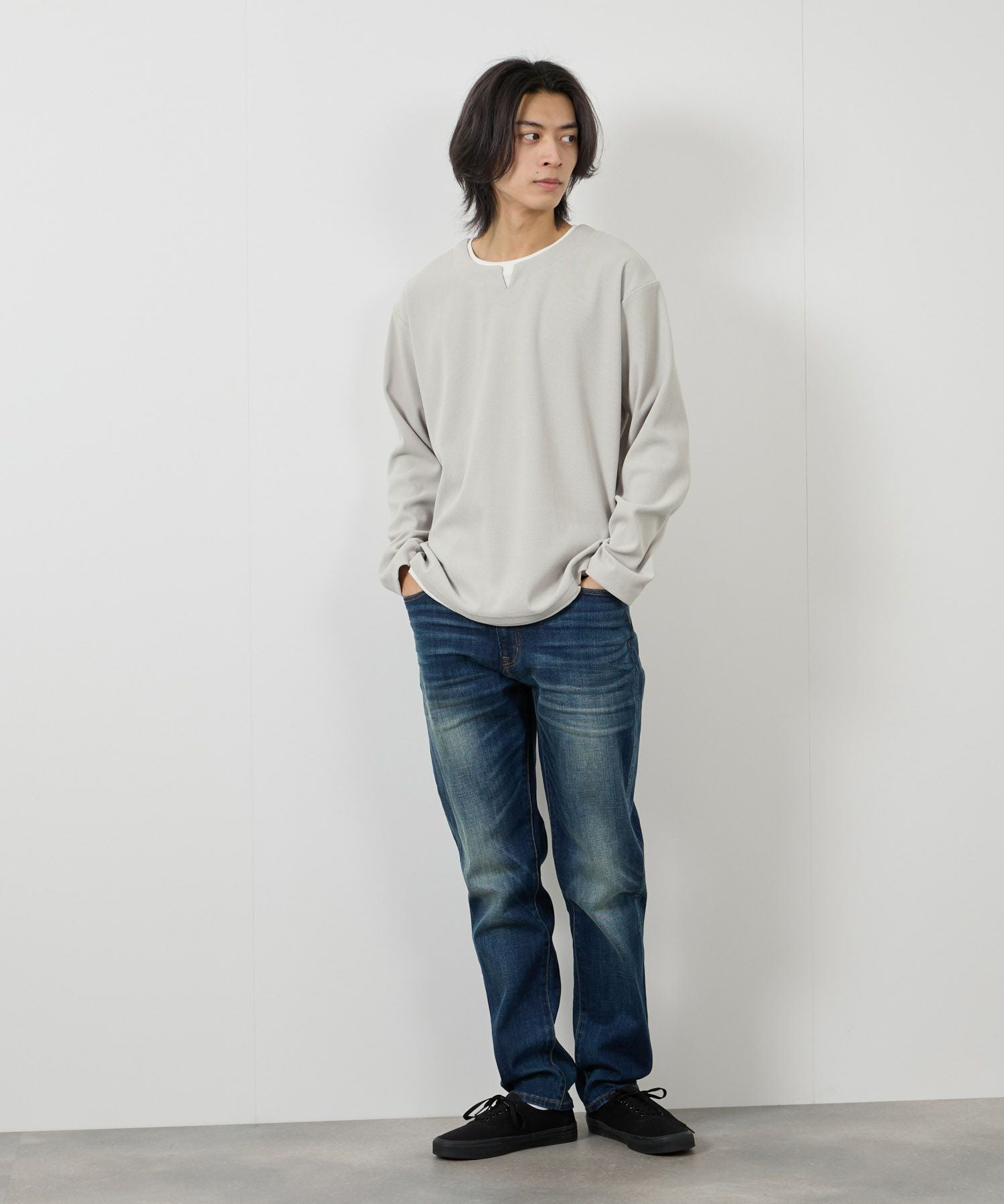 NAVY ピーチ鹿の子キーネックレイヤー長袖Tシャツ メンズ