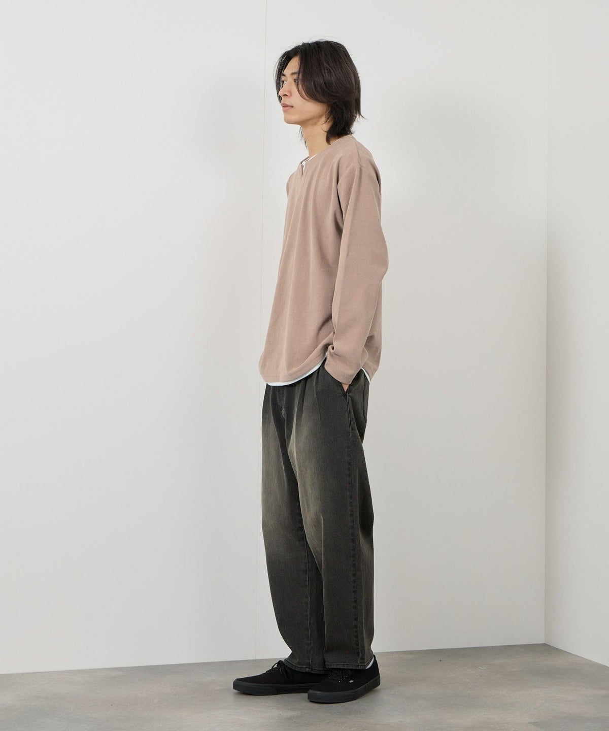 NAVY ピーチ鹿の子キーネックレイヤー長袖Tシャツ メンズ