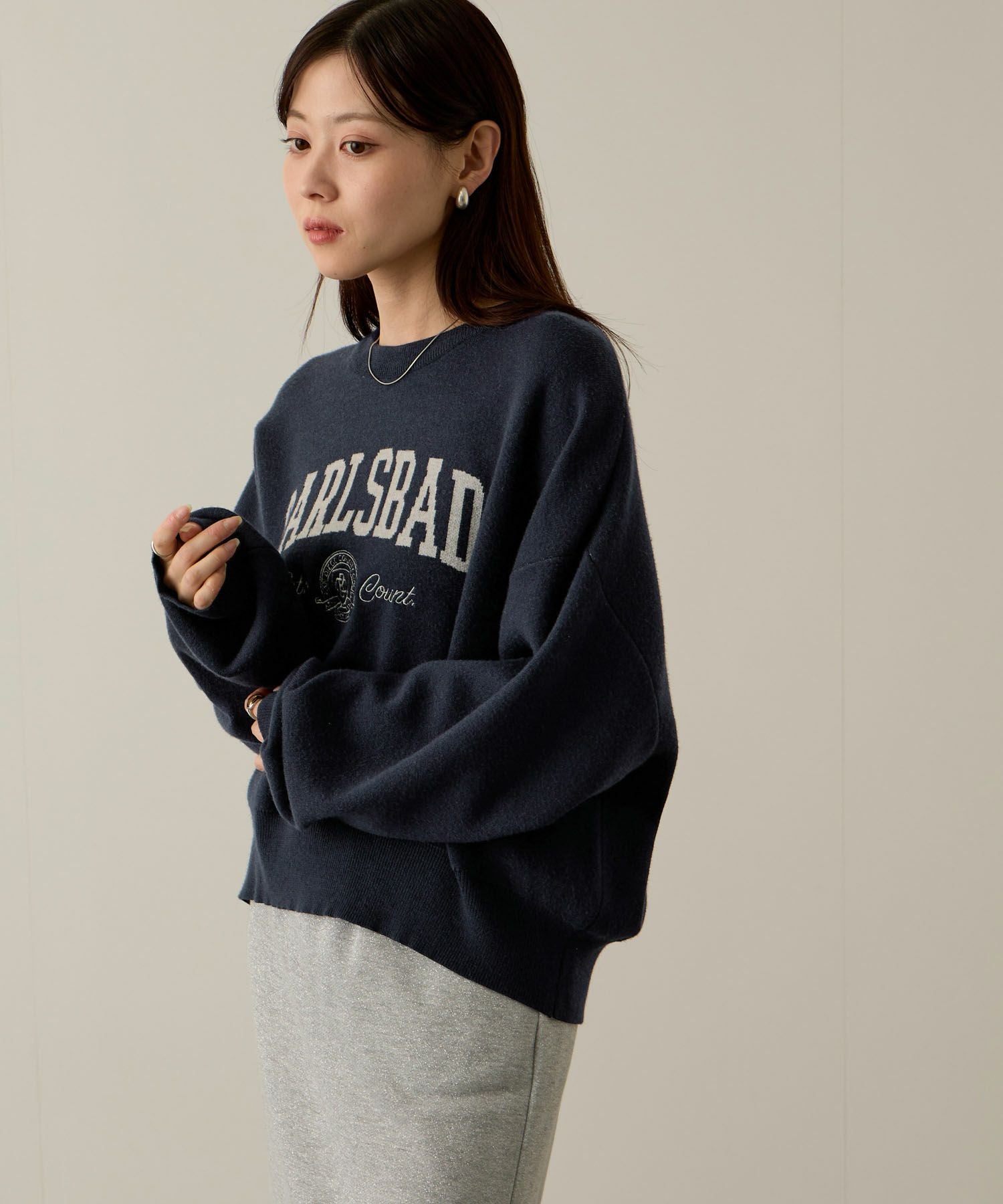 【定価18,700円】ジャガード カレッジニット XL NAVY カレッジロゴWジャガードニット レディース
