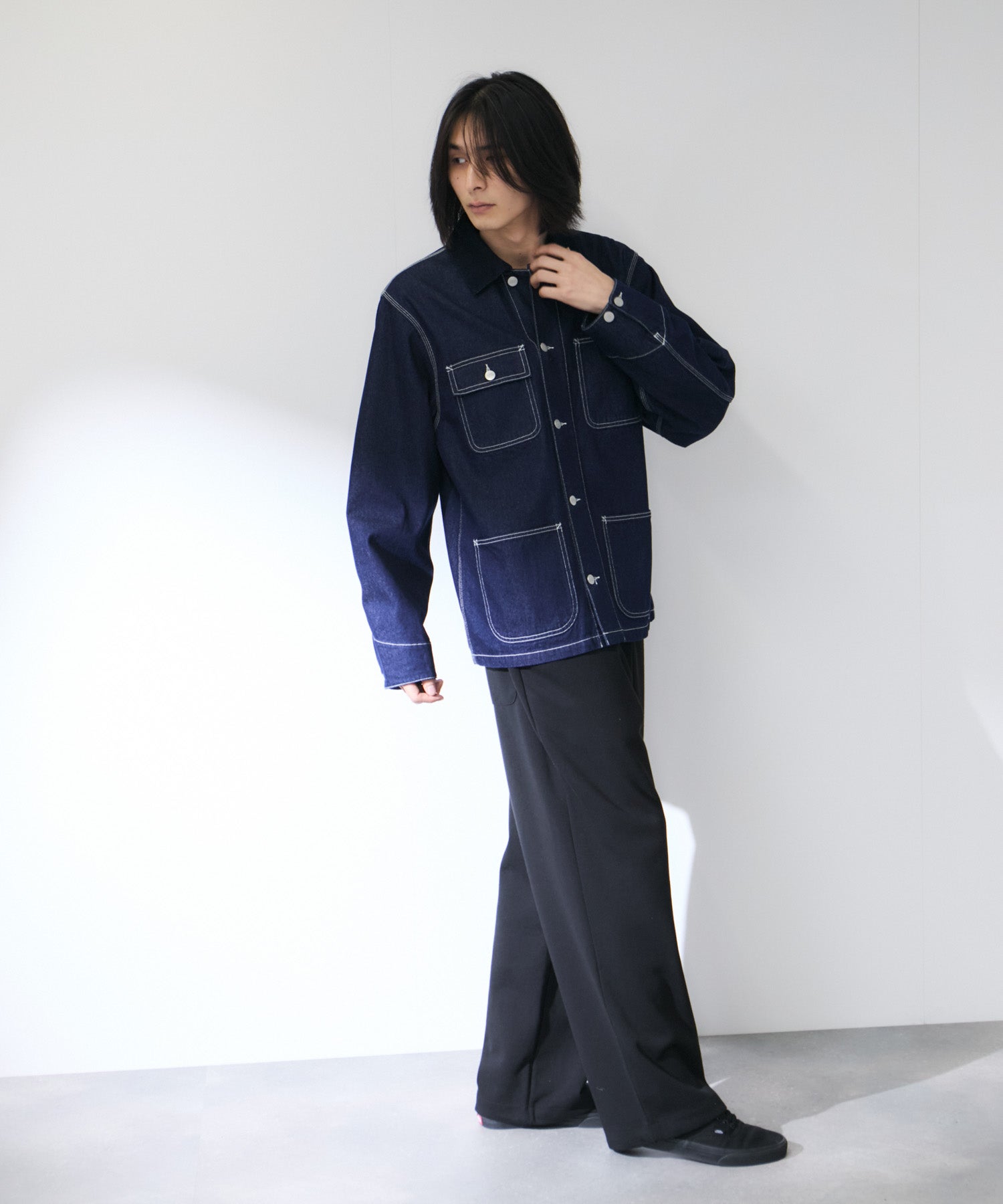 Lands' End ネイビー カバーオール 42-44 襟コーデュロイ USA製 90s LANDS' END Denim Coverall 青 L ランズエンド デニム