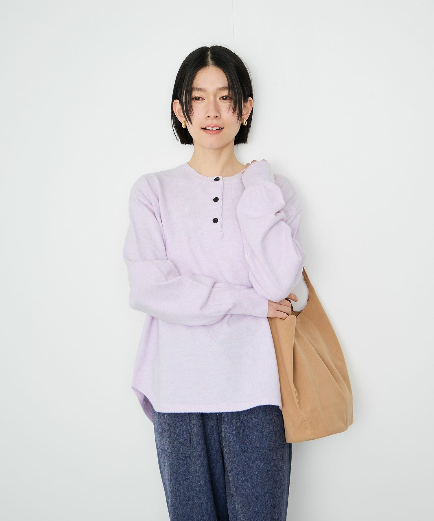 Idnes ヘンリーネックニット レディース
