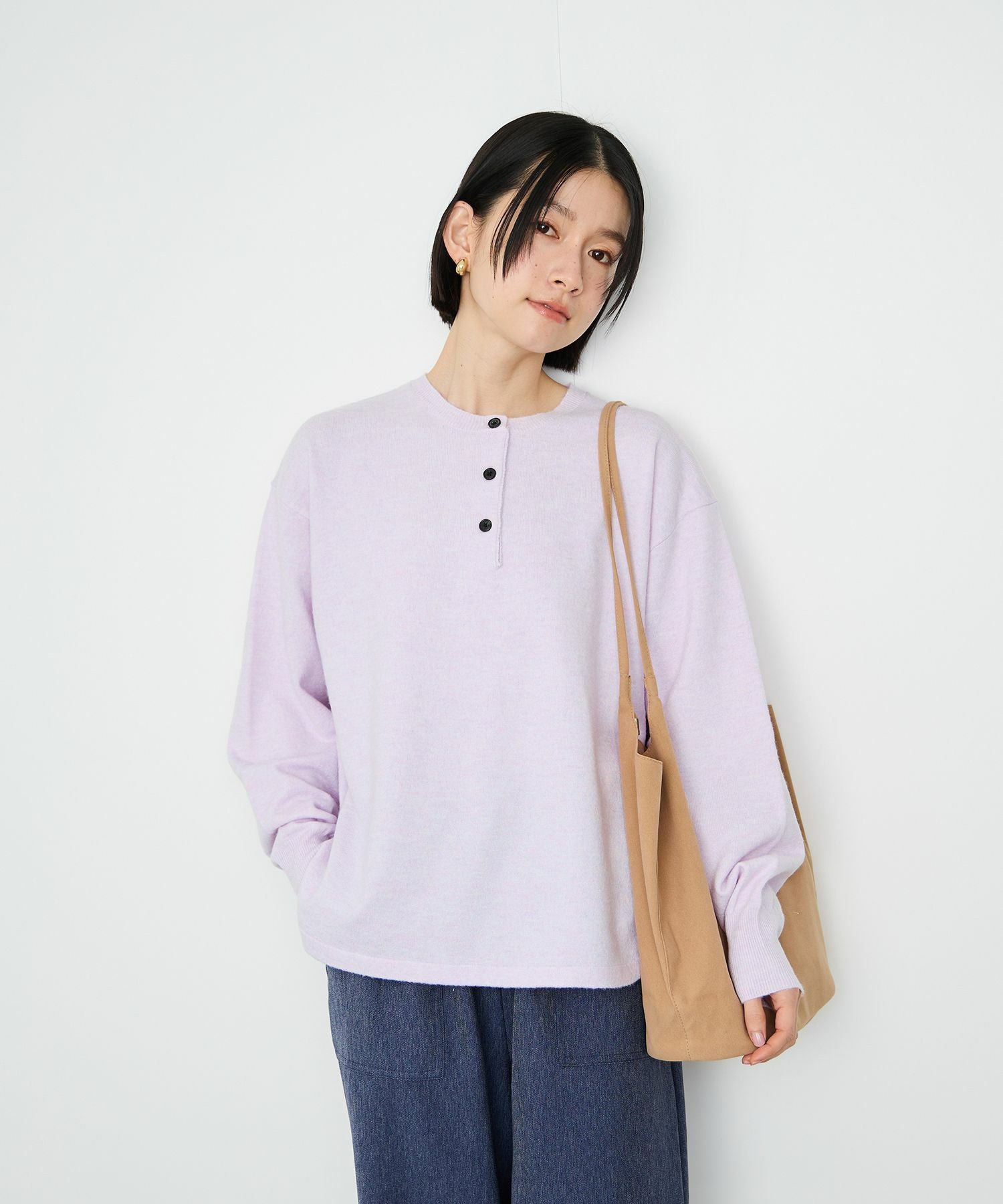 Idnes ヘンリーネックニット レディース