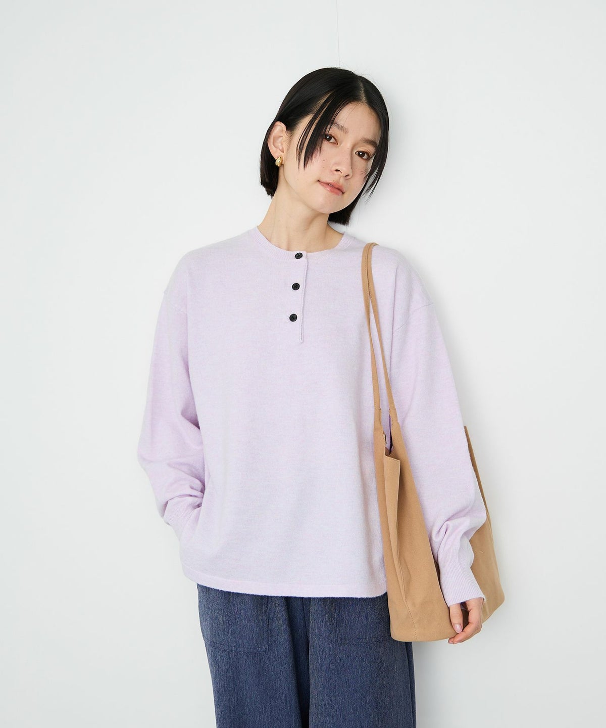 Idnes ヘンリーネックニット レディース