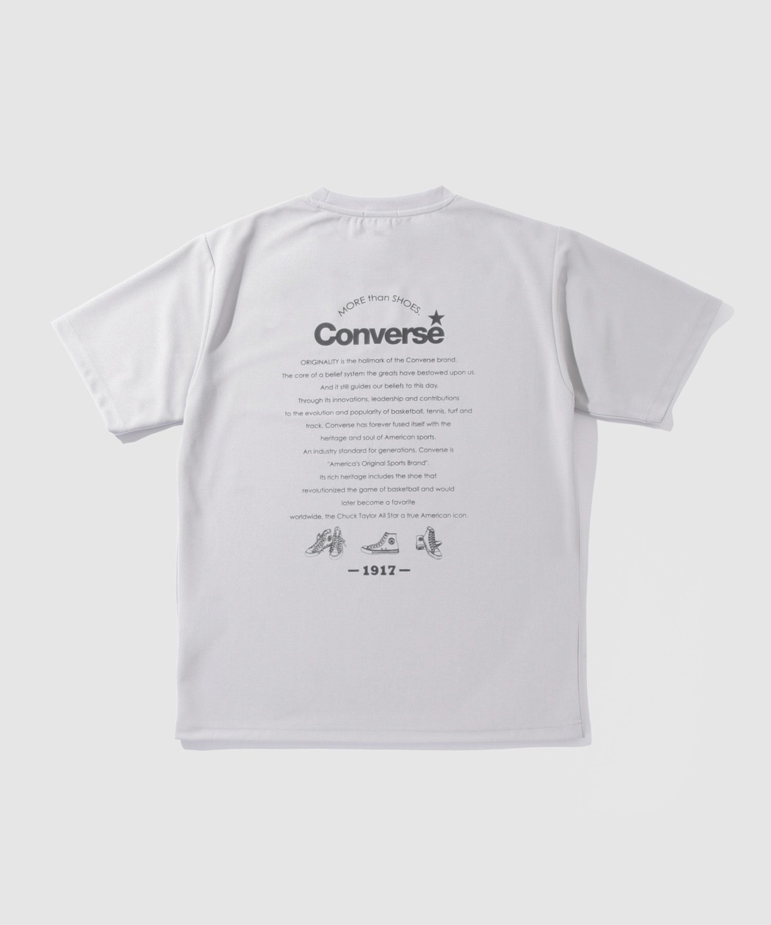 8SM1 converse バックプリントTシャツ　スニーカー　白　S 古着 CONVERSE（コンバース） tシャツ ドライ素材 シューズグラフィック